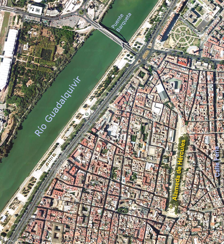 Satellite photo of the Alameda district for orientation, Seville - Andalusia, Spain.