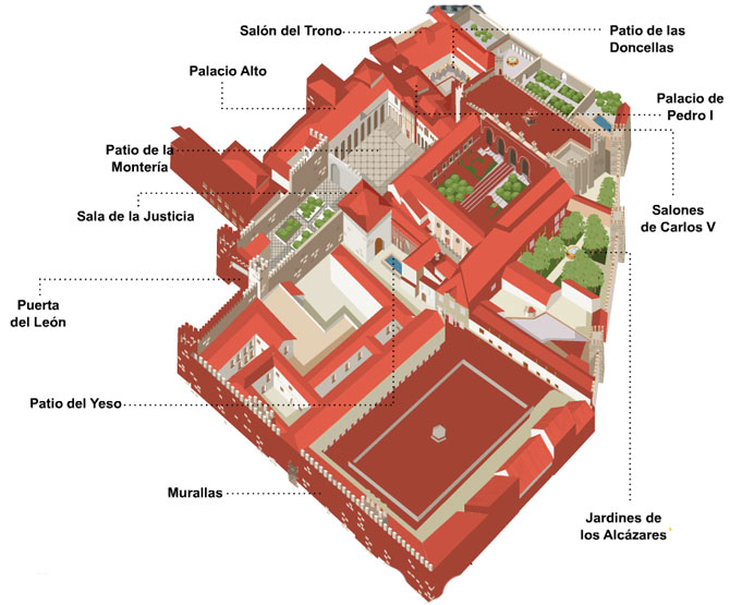 3D overzichtskaart van het Alcazar paleis, Sevilla 