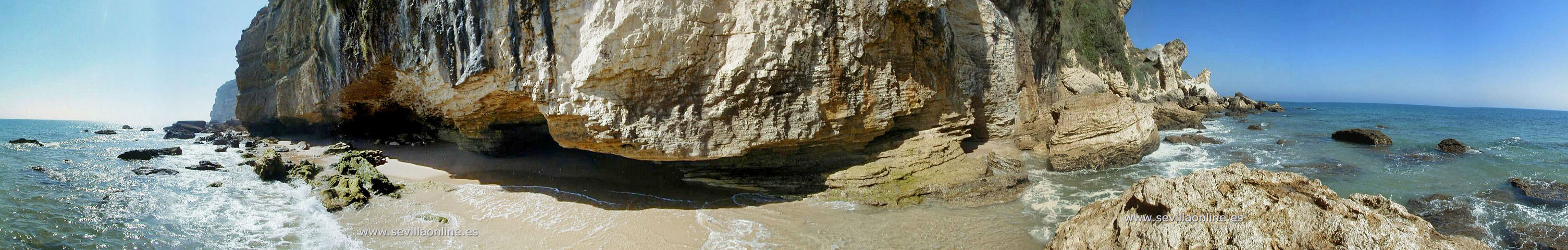 Panoramic at the foot of the cliffs of el Acantilado y Pinar de Barbate nature park next to Los Caños de Meca