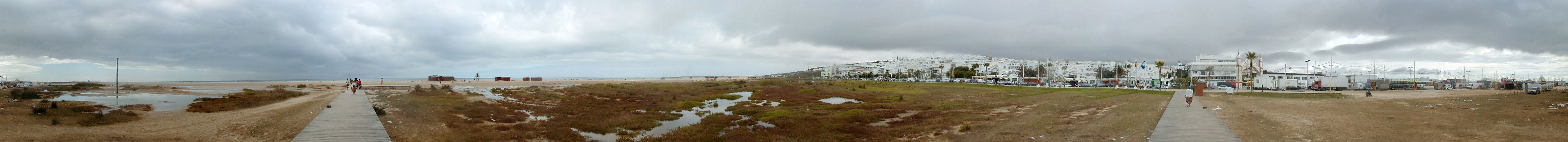 Panoramic of Conil de la Frontera and its beach on a cloudy early spring afternoon, Costa de la Luz