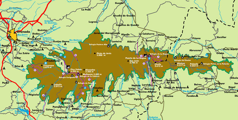 Map of Sierra Nevada National Park , Granada - Andalusia, Spain.