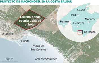 Location of macro-hotel on unspoiled beach Es Trenc, Mallorca